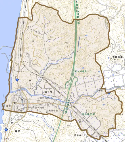 松ヶ崎とその周辺の地図。町の範囲を重ねている