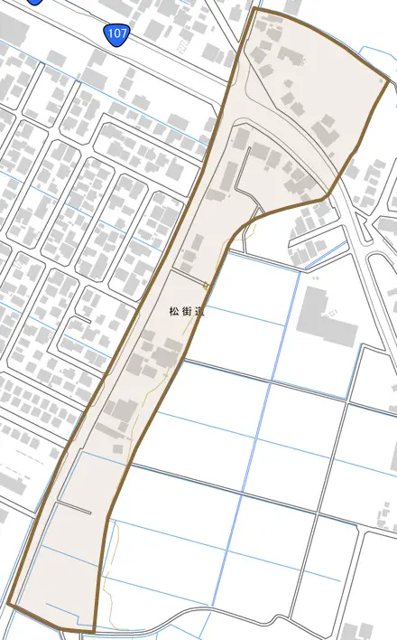 松街道とその周辺の地図。町の範囲を重ねている