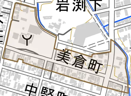 美倉町とその周辺の地図。町の範囲を重ねている