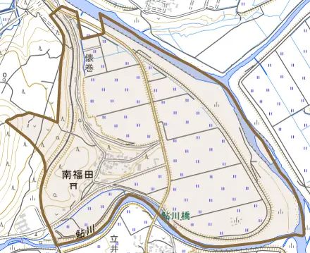 南福田とその周辺の地図。町の範囲を重ねている