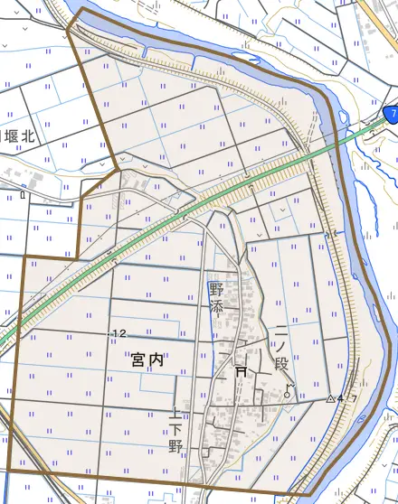 宮内とその周辺の地図。町の範囲を重ねている