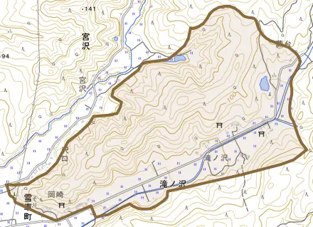 宮沢とその周辺の地図。町の範囲を重ねている