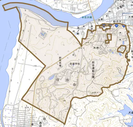 水林とその周辺の地図。町の範囲を重ねている