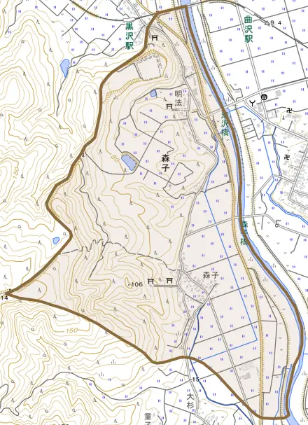 森子とその周辺の地図。町の範囲を重ねている