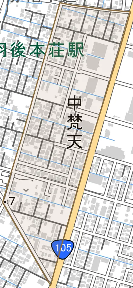 中梵天とその周辺の地図。町の範囲を重ねている