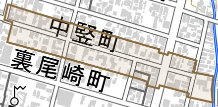 中竪町とその周辺の地図。町の範囲を重ねている