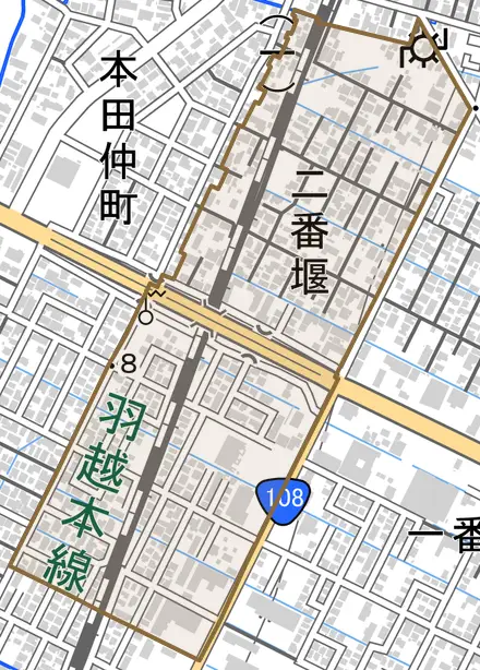 二番堰とその周辺の地図。町の範囲を重ねている
