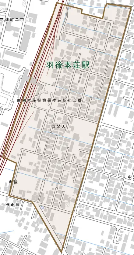 西梵天とその周辺の地図。町の範囲を重ねている
