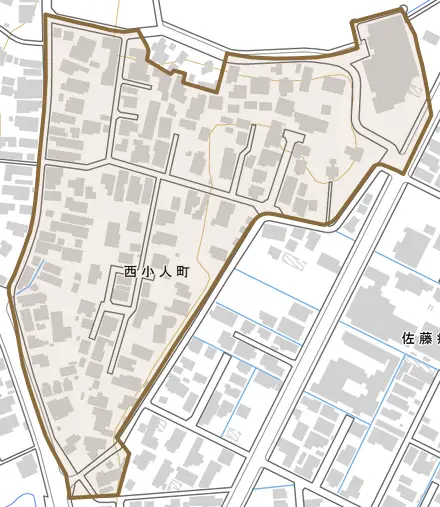 西小人町とその周辺の地図。町の範囲を重ねている