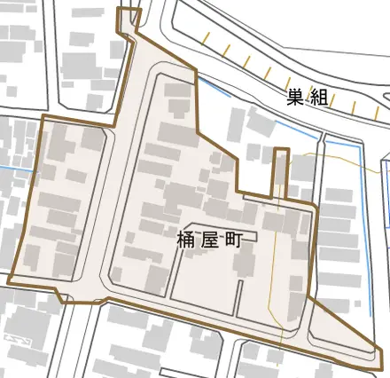 桶屋町とその周辺の地図。町の範囲を重ねている
