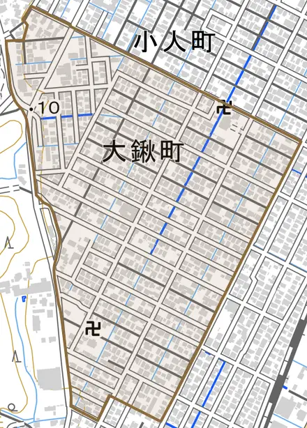 大鍬町とその周辺の地図。町の範囲を重ねている