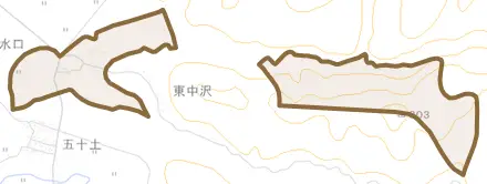 大水口とその周辺の地図。町の範囲を重ねている