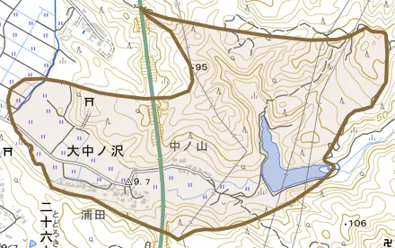 大中ノ沢とその周辺の地図。町の範囲を重ねている