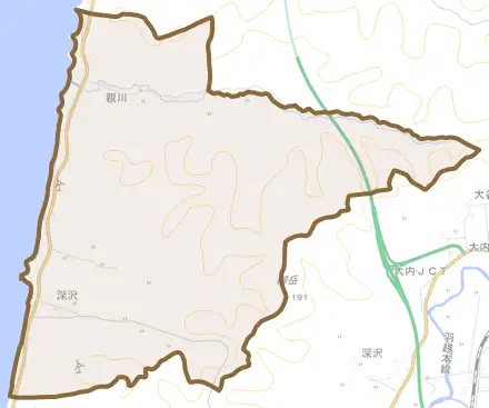 親川とその周辺の地図。町の範囲を重ねている