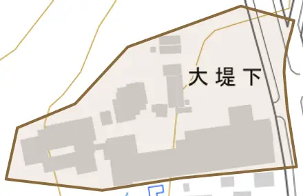 大堤下とその周辺の地図。町の範囲を重ねている