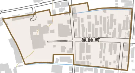 猟師町とその周辺の地図。町の範囲を重ねている