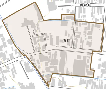 肴町とその周辺の地図。町の範囲を重ねている