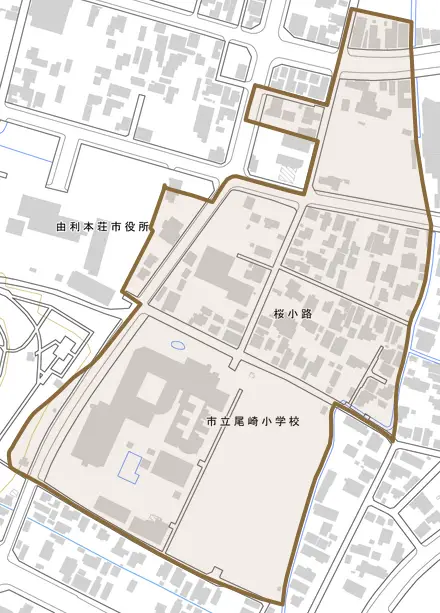桜小路とその周辺の地図。町の範囲を重ねている