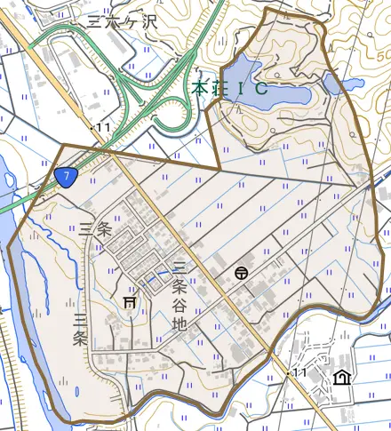 三条とその周辺の地図。町の範囲を重ねている
