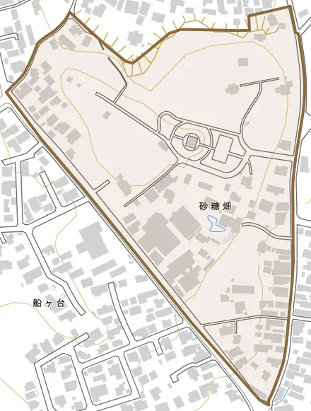 砂糖畑とその周辺の地図。町の範囲を重ねている