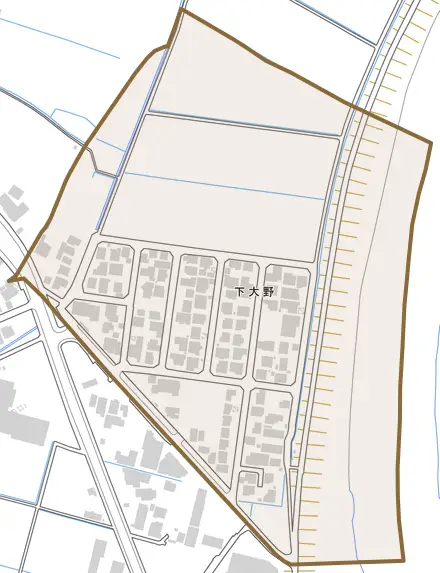 下大野とその周辺の地図。町の範囲を重ねている
