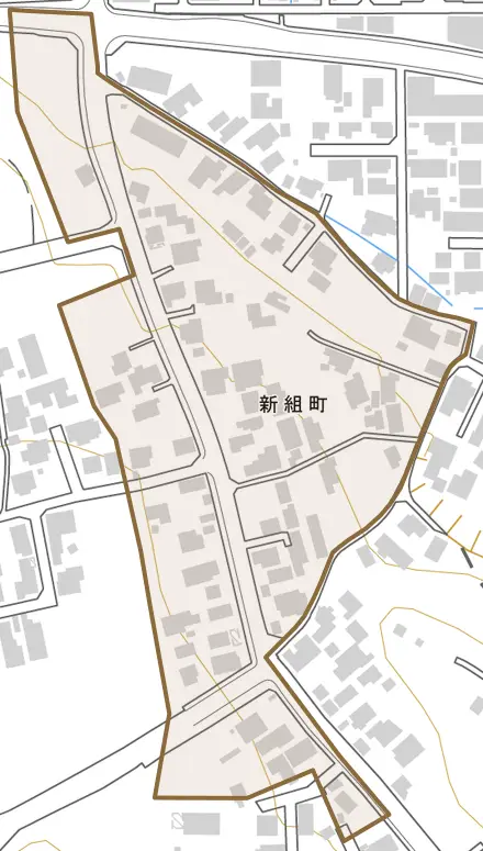 新組町とその周辺の地図。町の範囲を重ねている