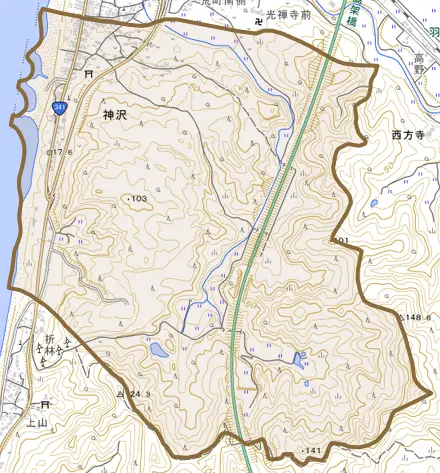 神沢とその周辺の地図。町の範囲を重ねている