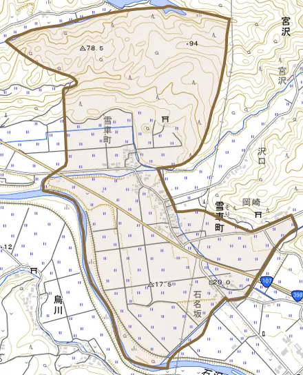 雪車町とその周辺の地図。町の範囲を重ねている