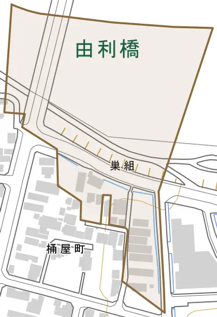 巣組とその周辺の地図。町の範囲を重ねている
