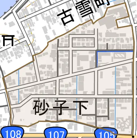 砂子下とその周辺の地図。町の範囲を重ねている
