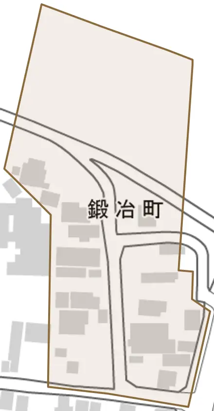 鍛冶町とその周辺の地図。町の範囲を重ねている