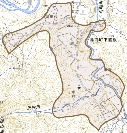 鳥海町下直根とその周辺の地図。町の範囲を重ねている