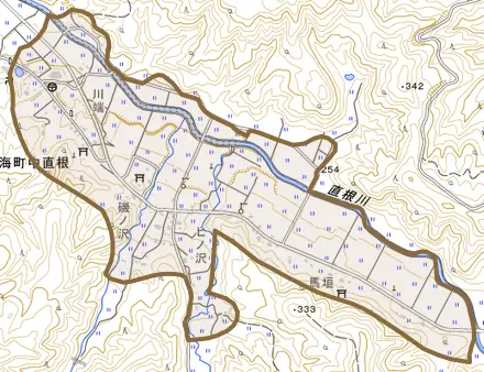 鳥海町中直根とその周辺の地図。町の範囲を重ねている