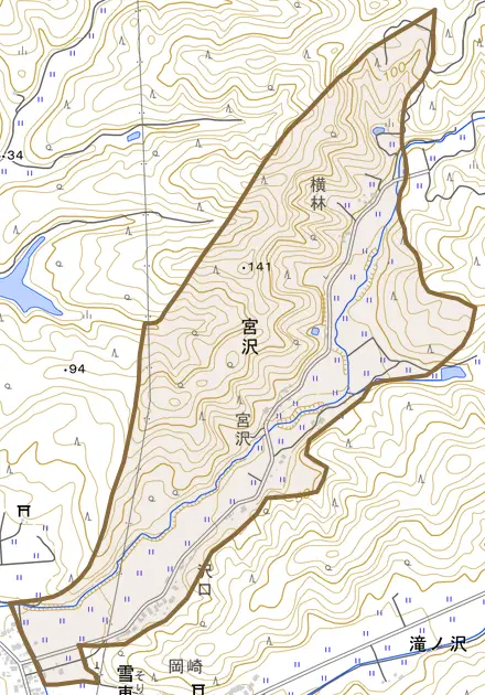 滝ノ沢とその周辺の地図。町の範囲を重ねている