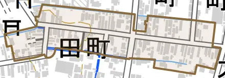 田町とその周辺の地図。町の範囲を重ねている