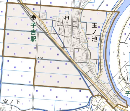 玉ノ池とその周辺の地図。町の範囲を重ねている