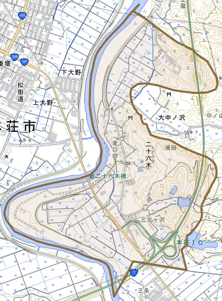 二十六木とその周辺の地図。町の範囲を重ねている
