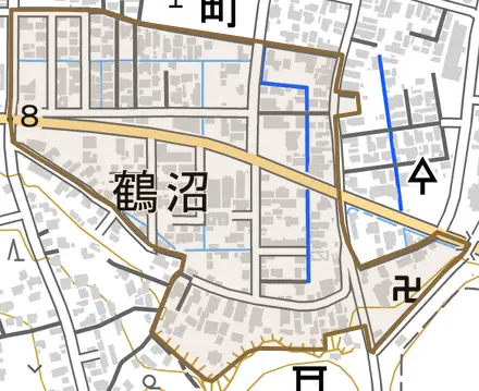 鶴沼とその周辺の地図。町の範囲を重ねている