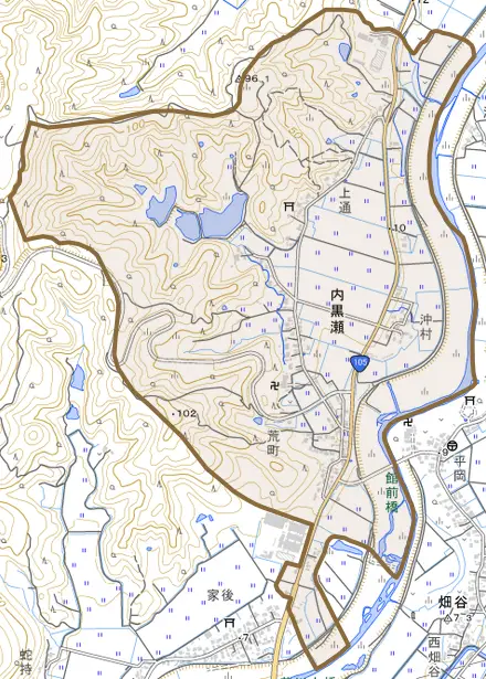 内黒瀬とその周辺の地図。町の範囲を重ねている