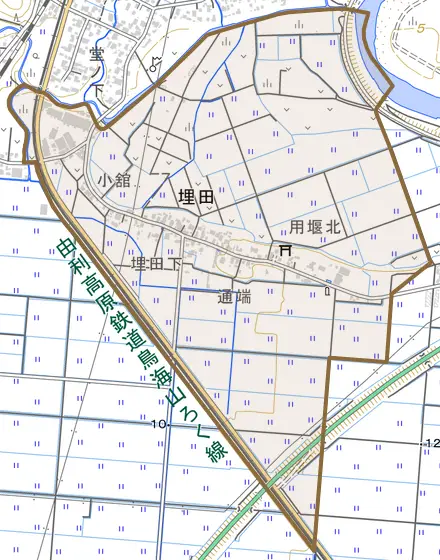 埋田とその周辺の地図。町の範囲を重ねている