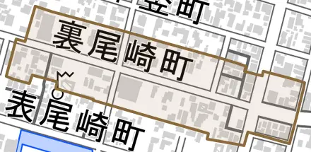 裏尾崎町とその周辺の地図。町の範囲を重ねている