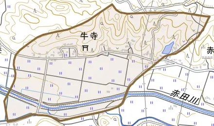 牛寺とその周辺の地図。町の範囲を重ねている
