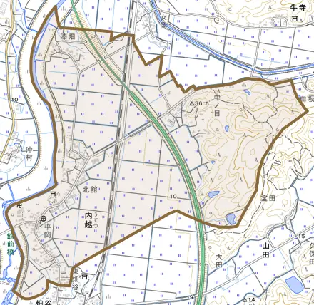 内越とその周辺の地図。町の範囲を重ねている