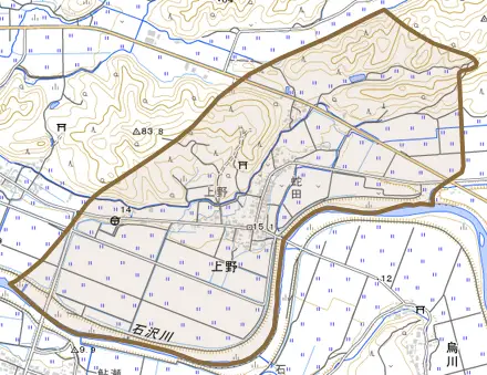 上野とその周辺の地図。町の範囲を重ねている