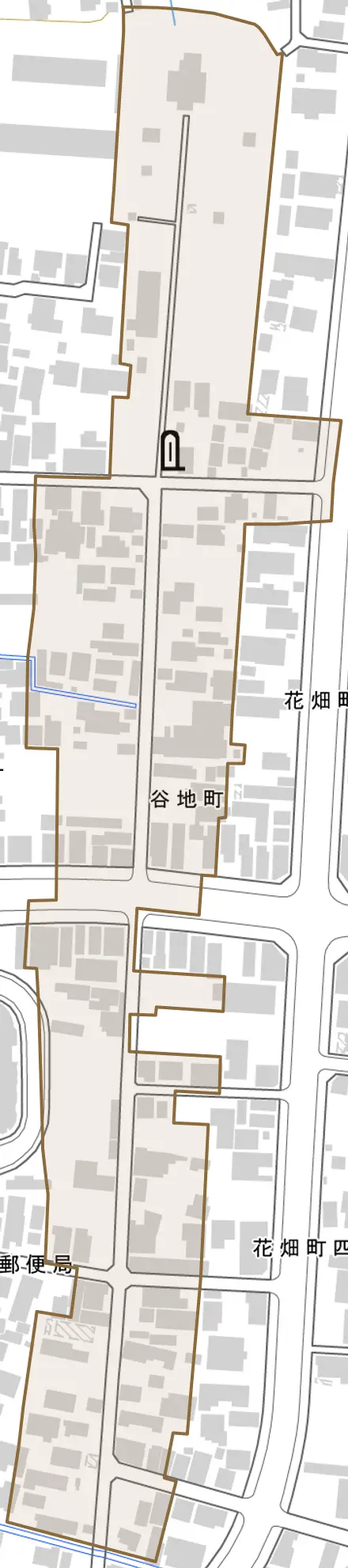 谷地町とその周辺の地図。町の範囲を重ねている