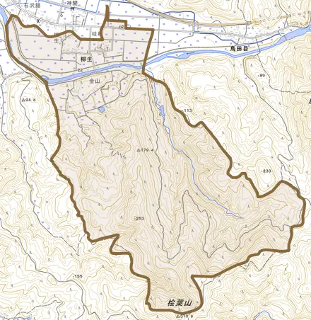 柳生とその周辺の地図。町の範囲を重ねている