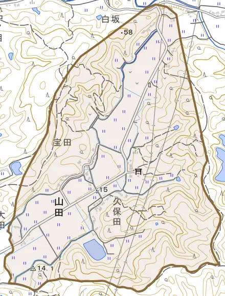 山田とその周辺の地図。町の範囲を重ねている