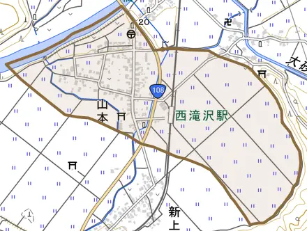 山本とその周辺の地図。町の範囲を重ねている