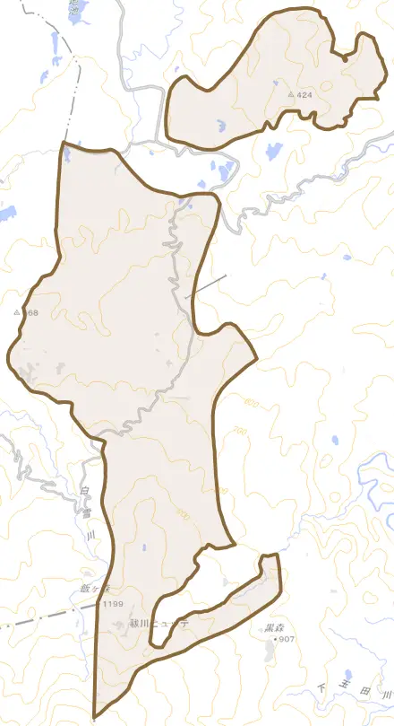 矢島町城内とその周辺の地図。町の範囲を重ねている
