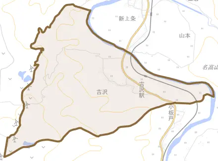 吉沢とその周辺の地図。町の範囲を重ねている